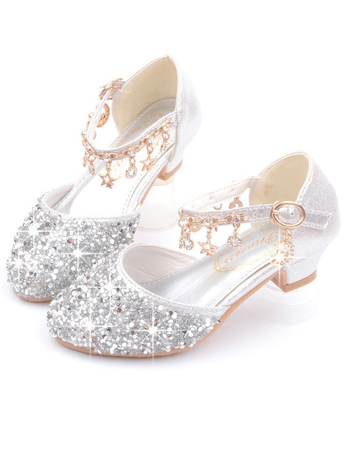 Girls Sandals Shinny Sequins Closed Toe Low Heels Shoes for Little Girls Silver