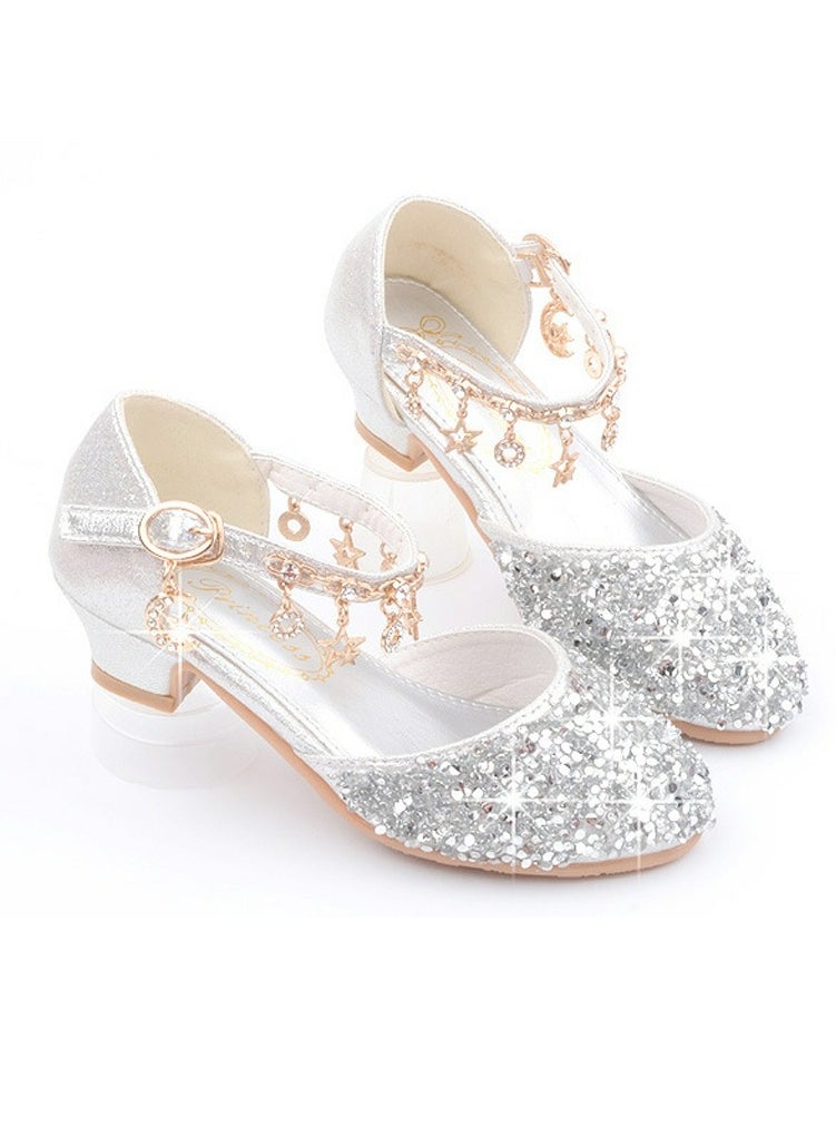 Girls Sandals Shinny Sequins Closed Toe Low Heels Shoes for Little Girls Silver
