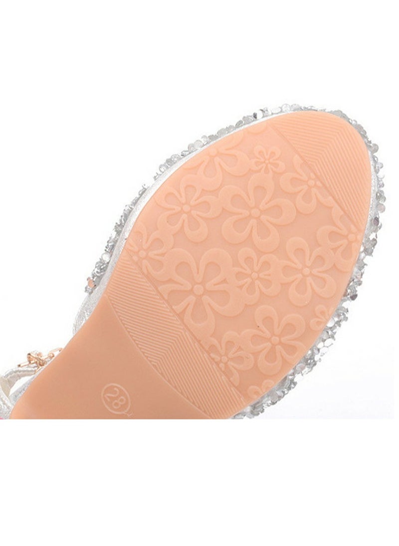 Girls Sandals Shinny Sequins Closed Toe Low Heels Shoes for Little Girls Silver