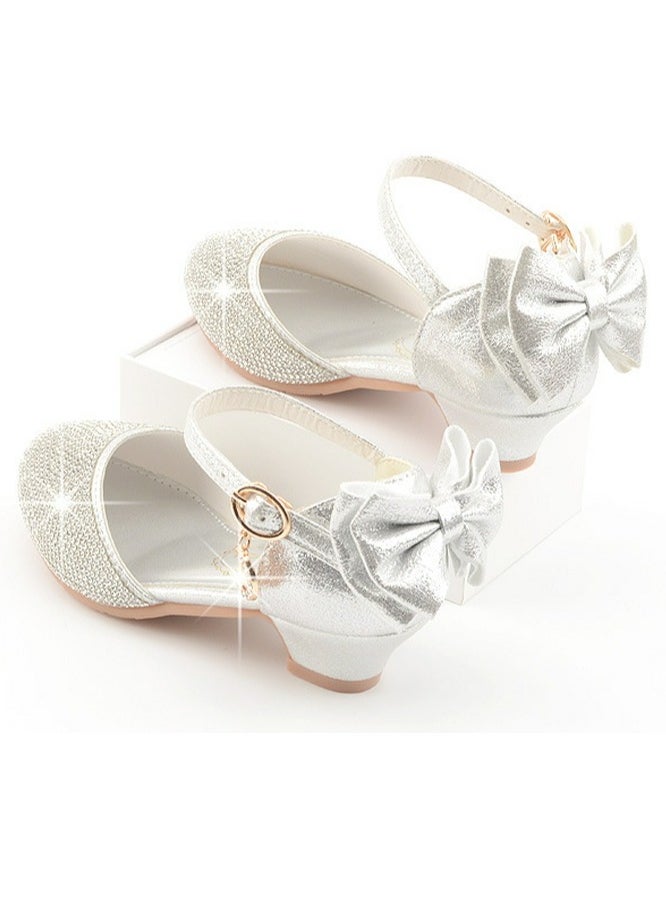 Girls Sandals Shinny Rhinestone,Cute Bowknot Decoration Closed Toe Chunky Low Heels Shoes Silver