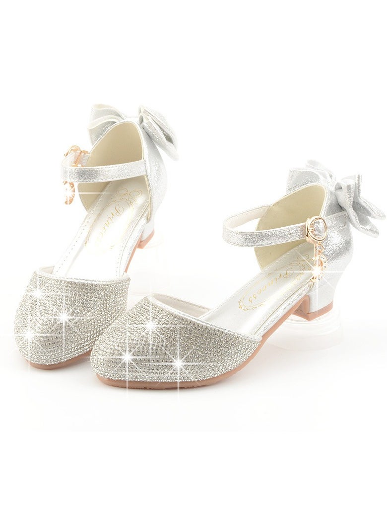 Girls Sandals Shinny Rhinestone,Cute Bowknot Decoration Closed Toe Chunky Low Heels Shoes Silver