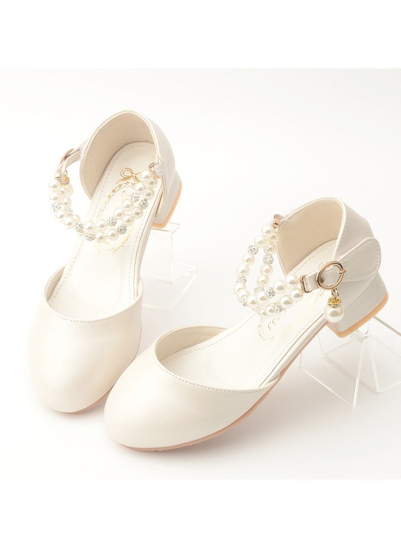 Girls Beaded Sandals Low Thick Heels Closed Toe  Flat Shoes Light Cream White