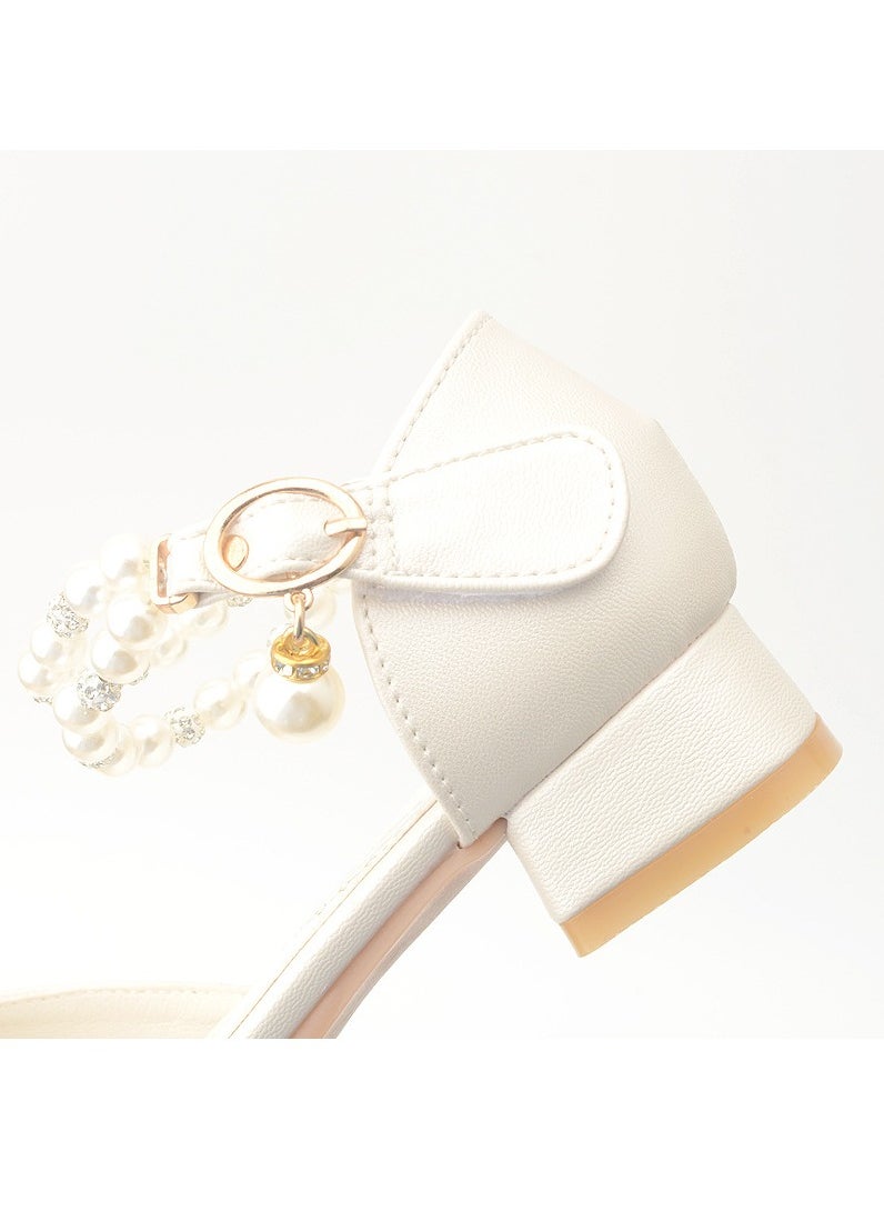 Girls Beaded Sandals Low Thick Heels Closed Toe  Flat Shoes Light Cream White