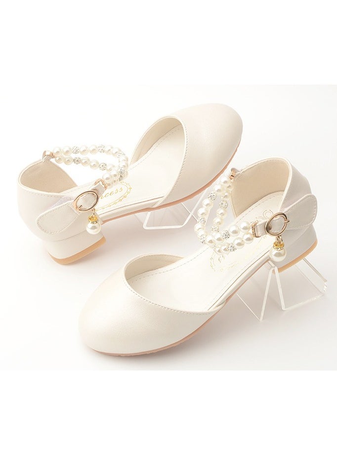 Girls Beaded Sandals Low Thick Heels Closed Toe  Flat Shoes Light Cream White