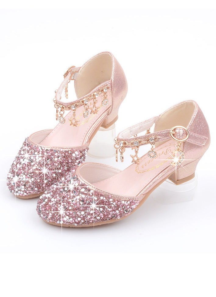 Girls Sandals Shinny Sequins Closed Toe Low Heels Shoes for Little Girls Pink