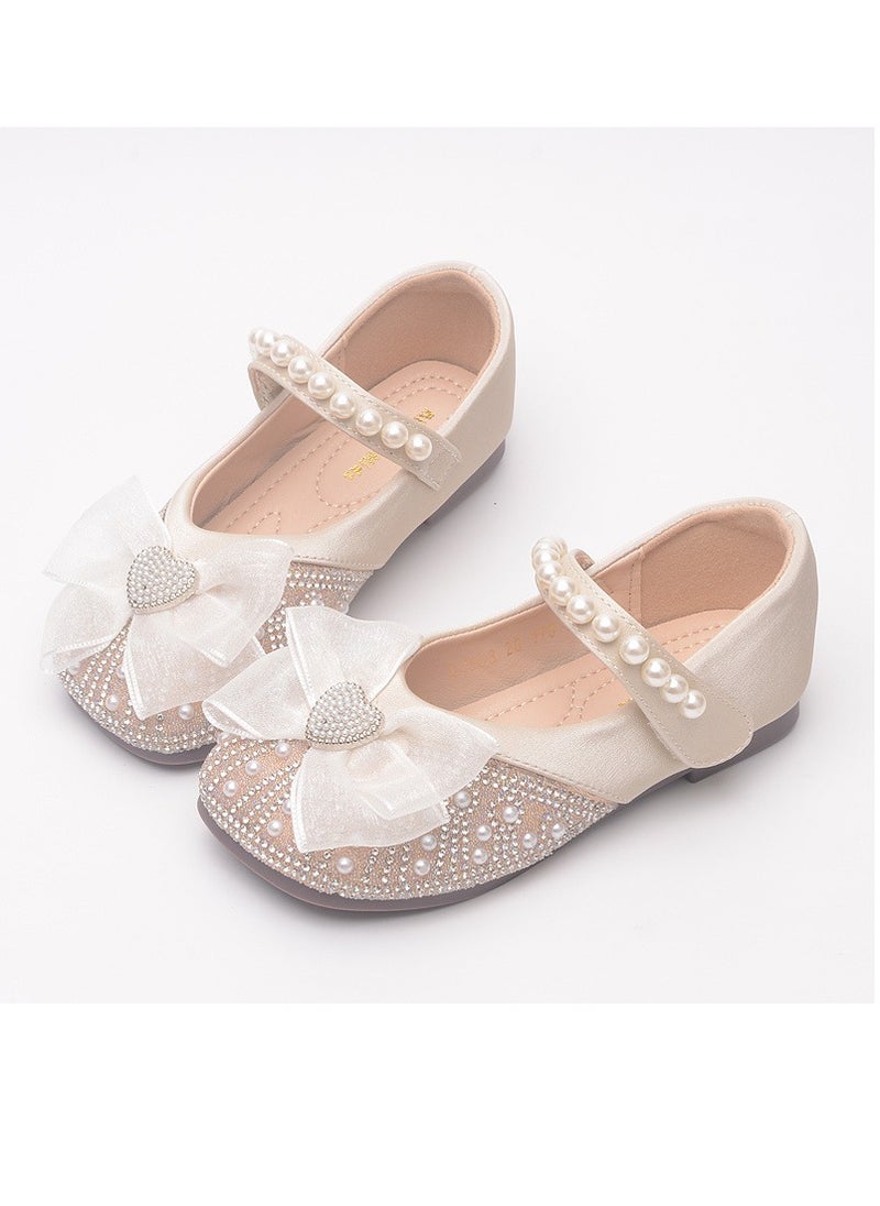Girls Sandals Shinny Rhinestone,Delicate Beaded and Bowknot Decoration Closed Toe  Flat Shoes Light Apricot