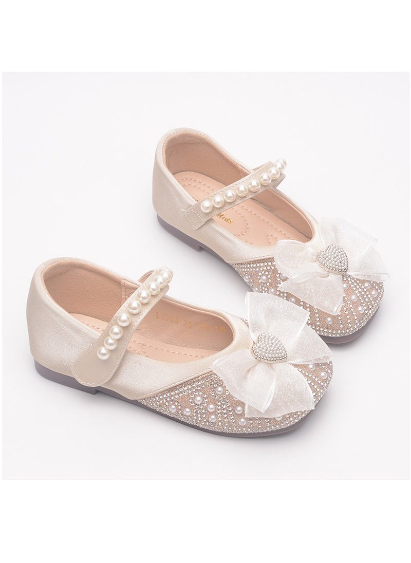 Girls Sandals Shinny Rhinestone,Delicate Beaded and Bowknot Decoration Closed Toe  Flat Shoes Light Apricot
