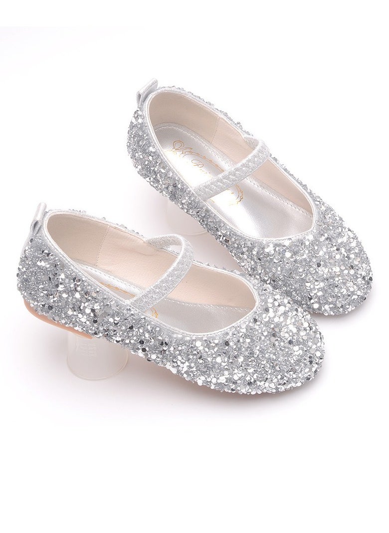 Girls Sandals Shinny Rhinestone,Sequins Closed Toe Flat Shoes for Little Girls Silver