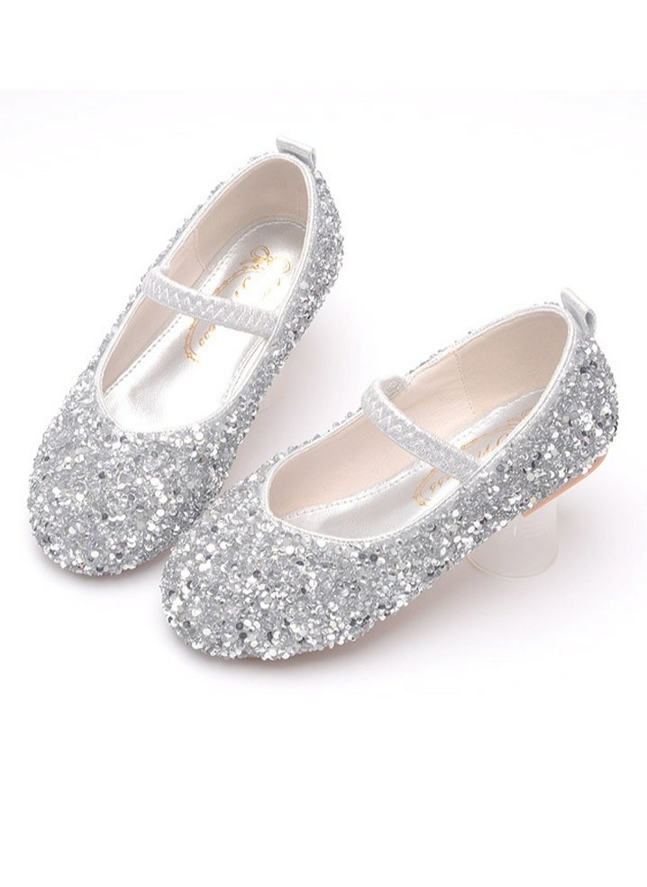 Girls Sandals Shinny Rhinestone,Sequins Closed Toe Flat Shoes for Little Girls Silver