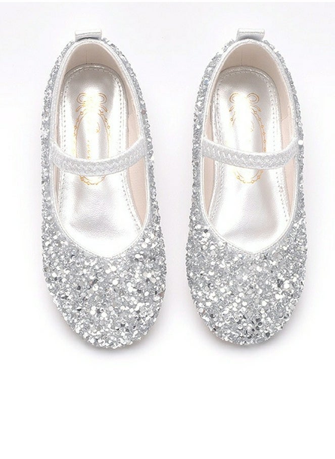 Girls Sandals Shinny Rhinestone,Sequins Closed Toe Flat Shoes for Little Girls Silver