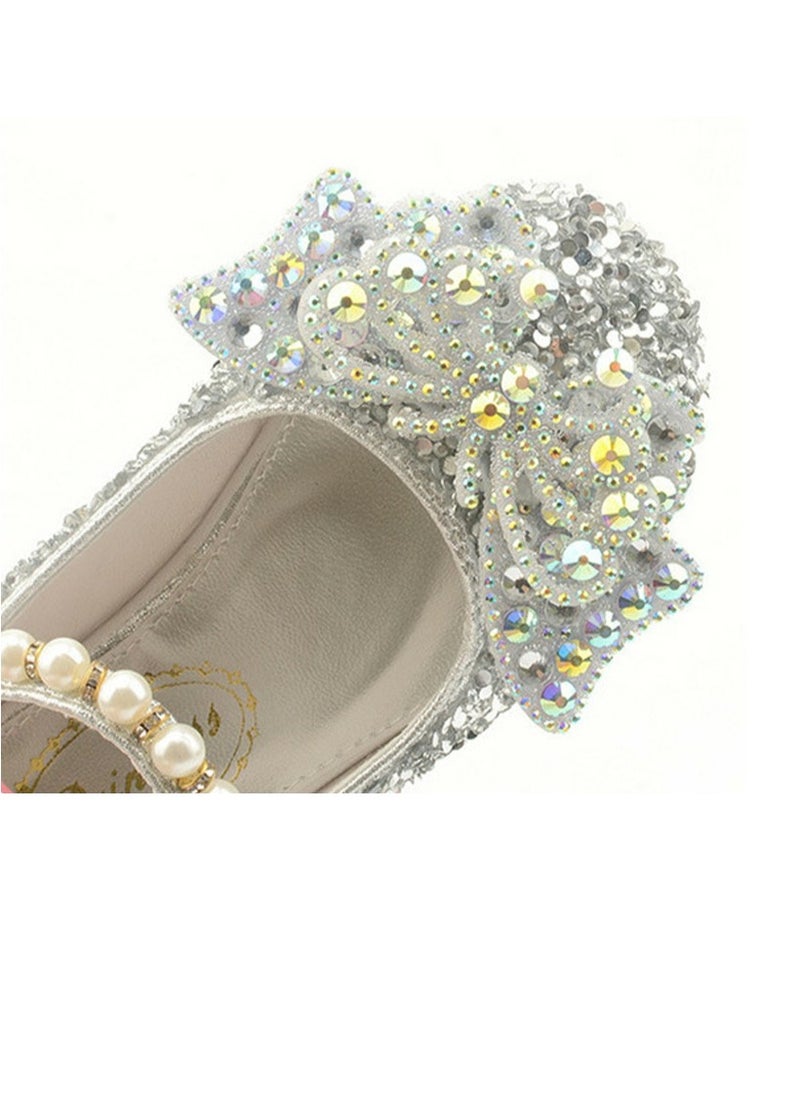 Girls Sandals Shinny Sequins,Delicate Bowknot and Beaded Decoration Closed Toe  Flat Shoes Silver