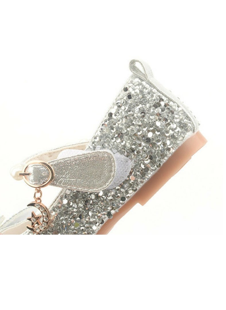 Girls Sandals Shinny Sequins,Delicate Bowknot and Beaded Decoration Closed Toe  Flat Shoes Silver