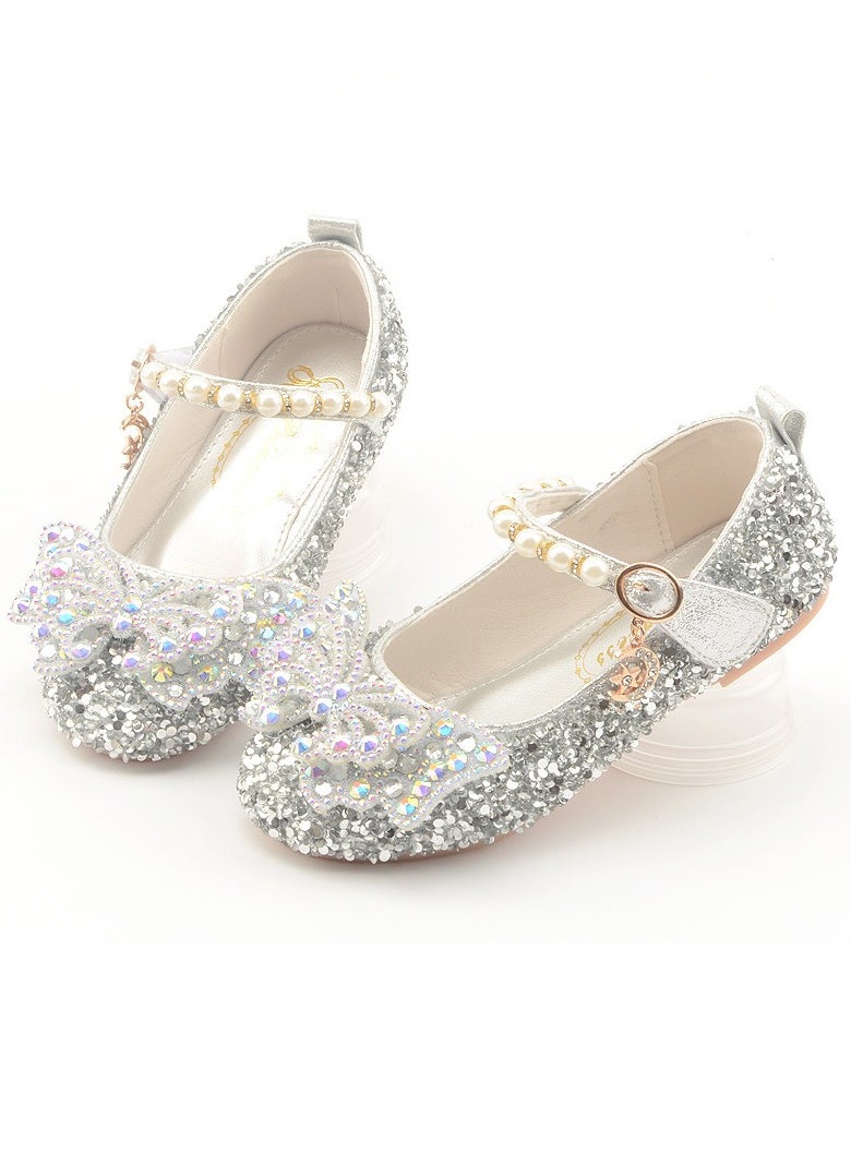 Girls Sandals Shinny Sequins,Delicate Bowknot and Beaded Decoration Closed Toe  Flat Shoes Silver