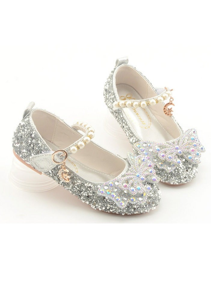 Girls Sandals Shinny Sequins,Delicate Bowknot and Beaded Decoration Closed Toe  Flat Shoes Silver