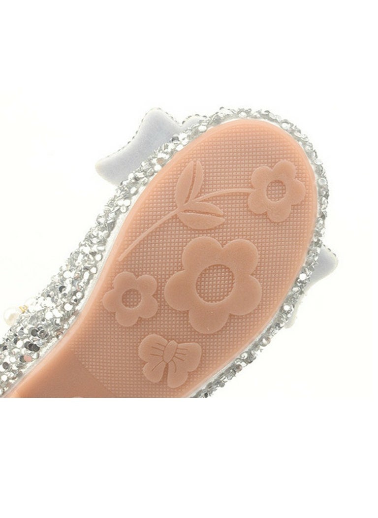 Girls Sandals Shinny Sequins,Delicate Bowknot and Beaded Decoration Closed Toe  Flat Shoes Silver