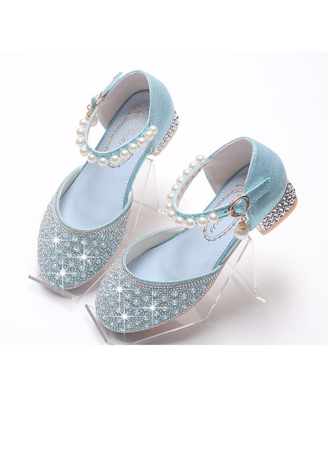 Girls Sandals Shinny Rhinestone,Delicate Beaded Low Chunky Heels Closed Toe Shoes Blue