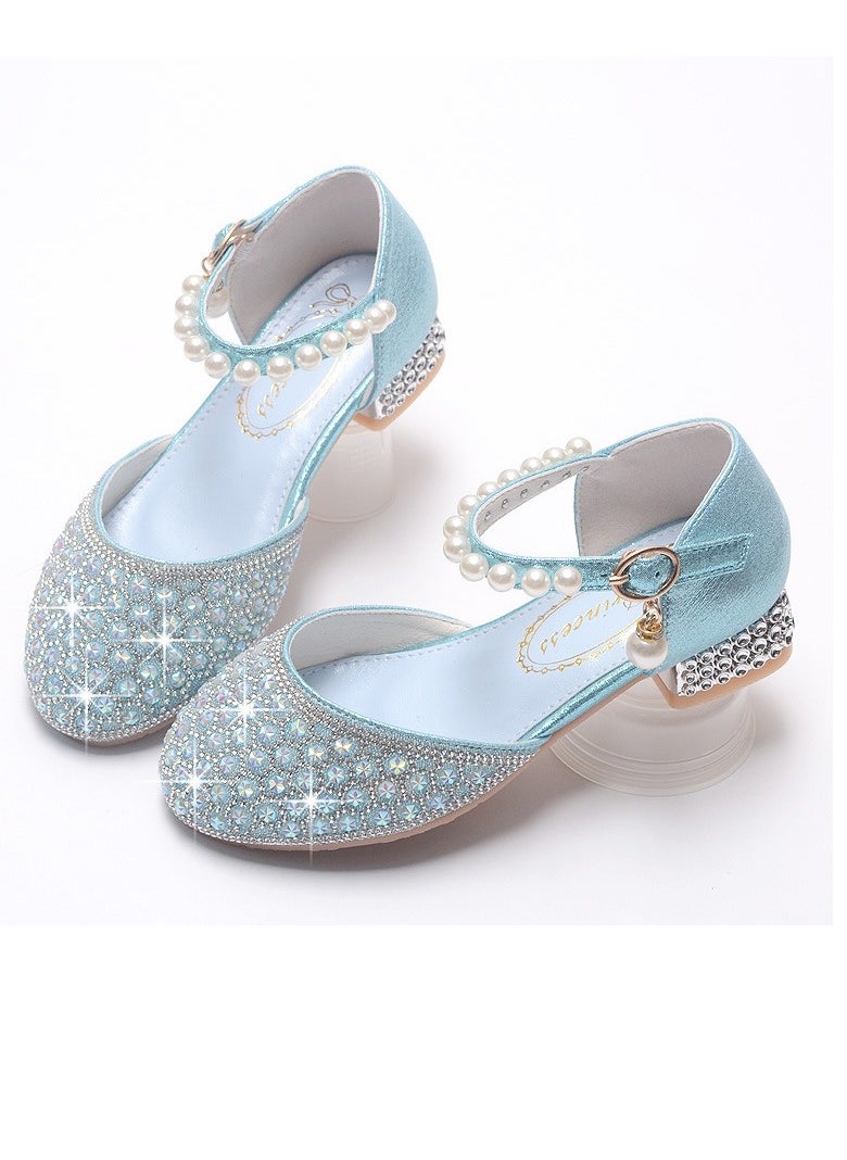Girls Sandals Shinny Rhinestone,Delicate Beaded Low Chunky Heels Closed Toe Shoes Blue