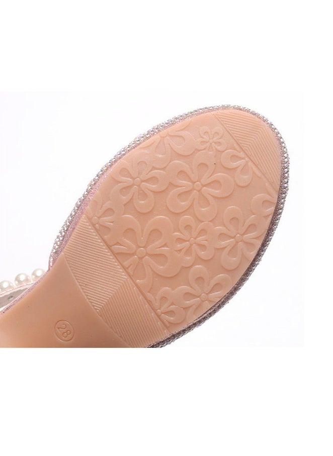 Girls Sandals Shinny Rhinestone,Delicate Beaded Low Chunky Heels Closed Toe Shoes Pink