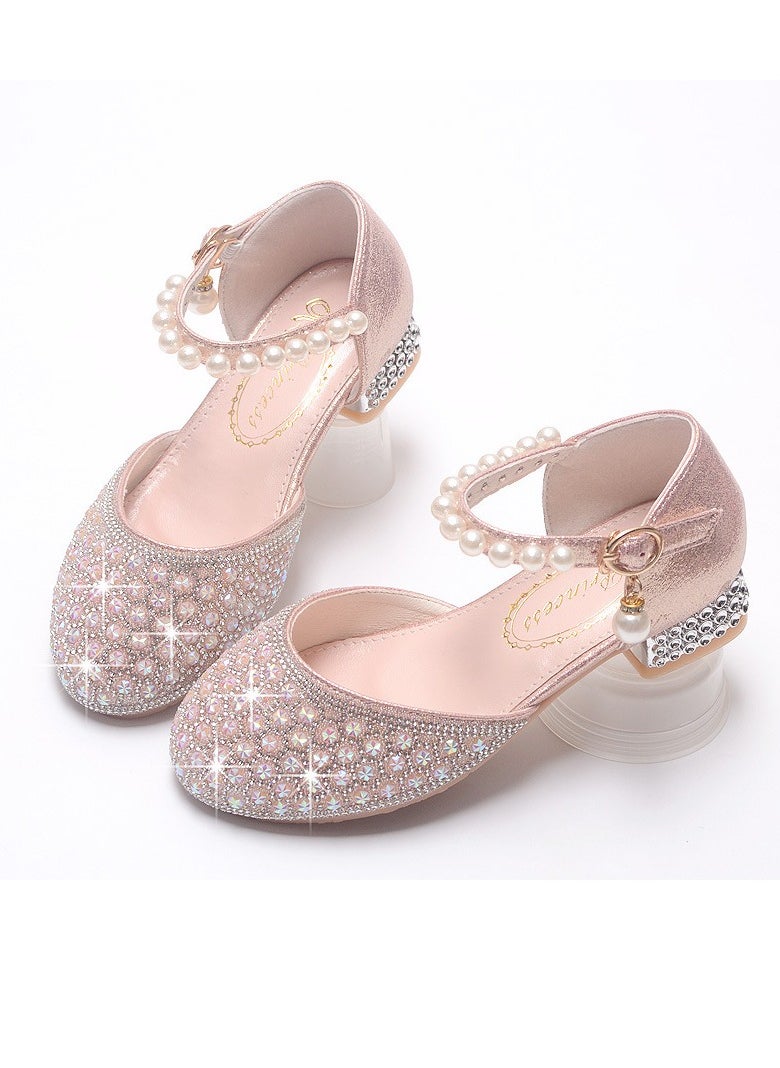 Girls Sandals Shinny Rhinestone,Delicate Beaded Low Chunky Heels Closed Toe Shoes Pink