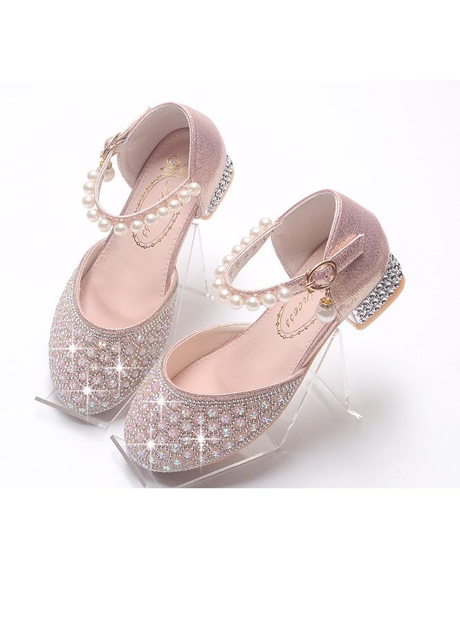 Girls Sandals Shinny Rhinestone,Delicate Beaded Low Chunky Heels Closed Toe Shoes Pink