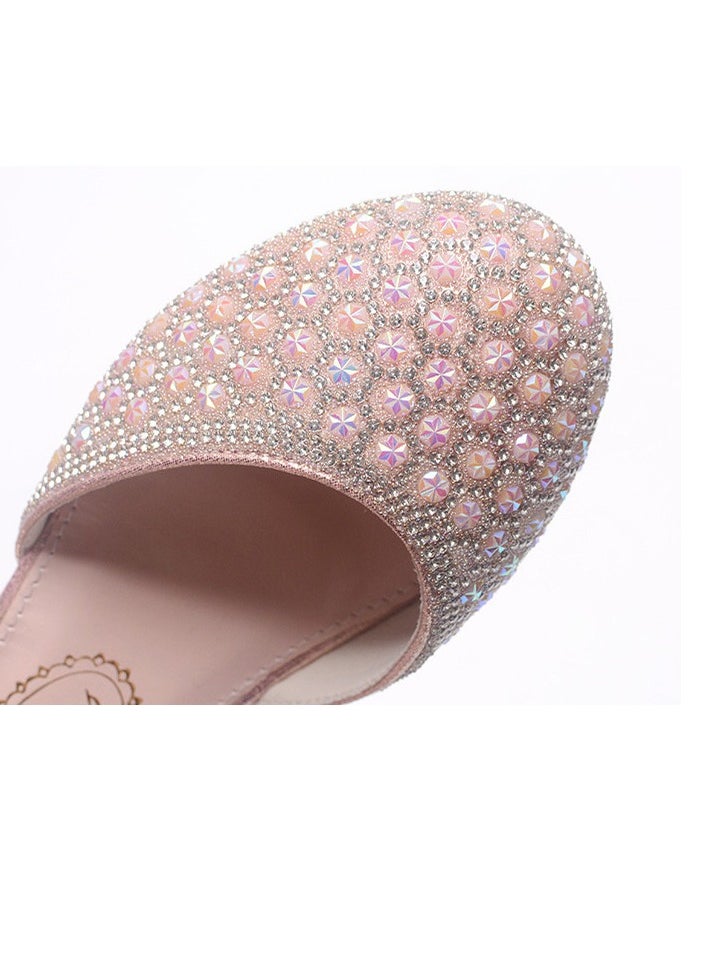 Girls Sandals Shinny Rhinestone,Delicate Beaded Low Chunky Heels Closed Toe Shoes Pink