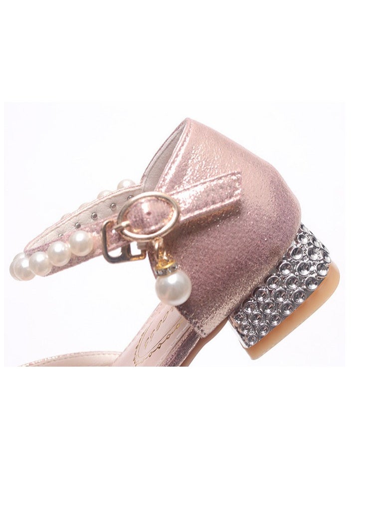 Girls Sandals Shinny Rhinestone,Delicate Beaded Low Chunky Heels Closed Toe Shoes Pink