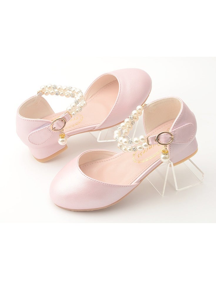 Girls Beaded Sandals Low Thick Heels Closed Toe Flat Shoes Light Pink