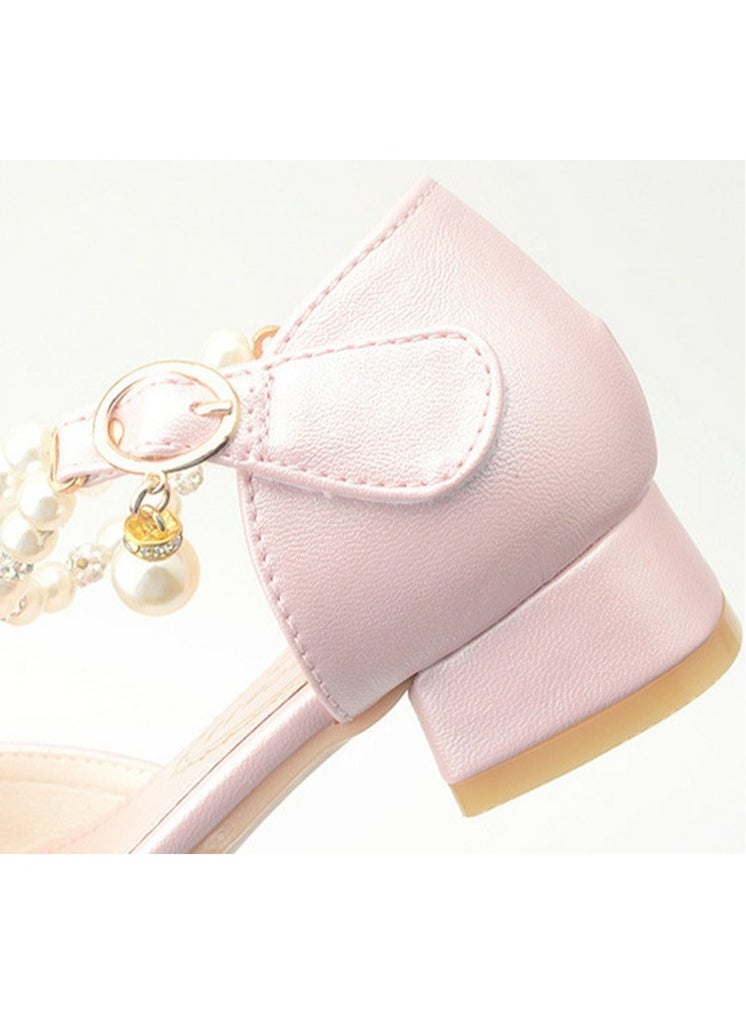 Girls Beaded Sandals Low Thick Heels Closed Toe Flat Shoes Light Pink