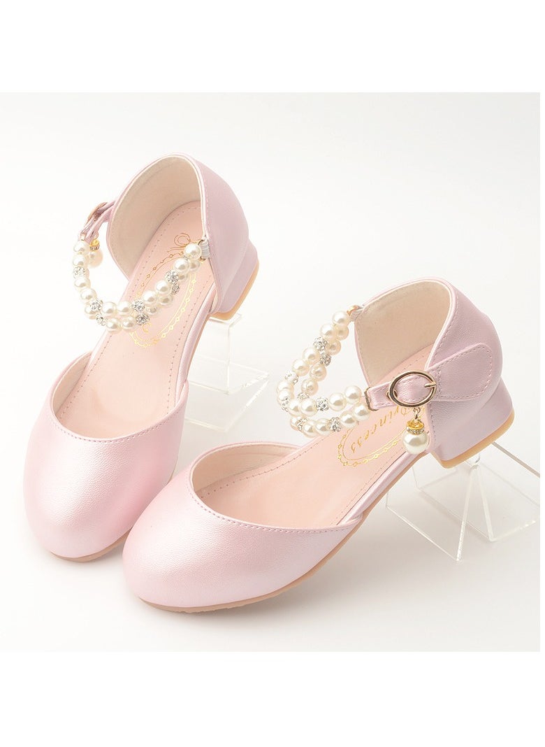 Girls Beaded Sandals Low Thick Heels Closed Toe Flat Shoes Light Pink