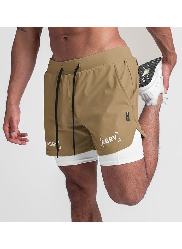 Five-Point Sports Shorts Quick Drying Double Layer Basketball Pants Anti-Light Running Fitness Summer Brown