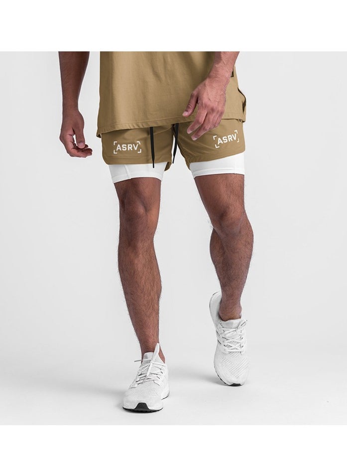 Five-Point Sports Shorts Quick Drying Double Layer Basketball Pants Anti-Light Running Fitness Summer Brown