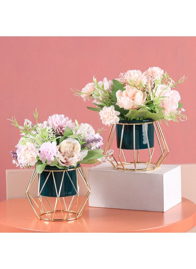 Flower Vase with Metal Rack Stand Green/Gold 19x11x10.5cm