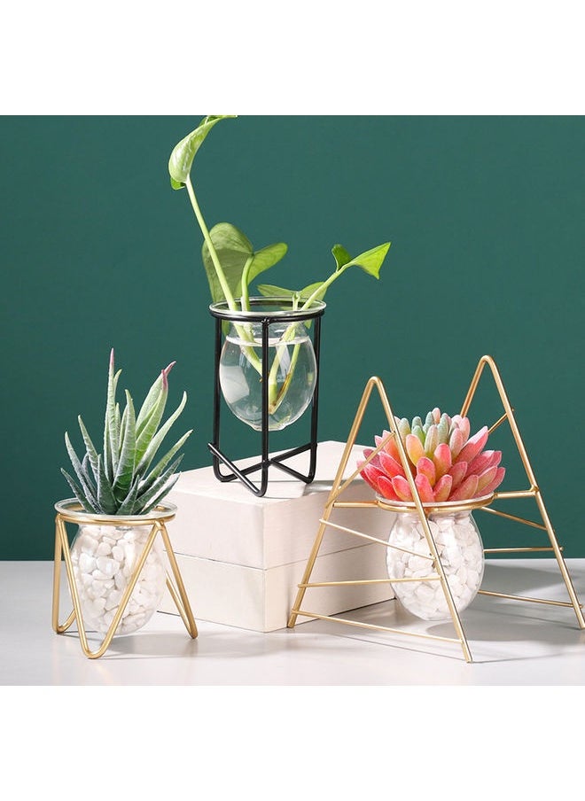 Flower Vase with Metal Rack Stand Clear/Black 10.5x7cm