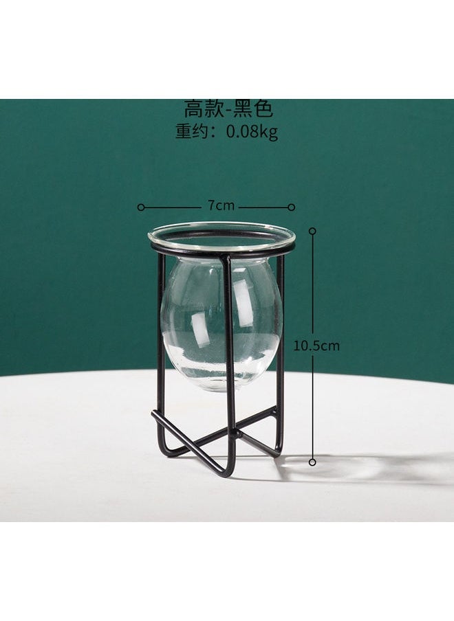 Flower Vase with Metal Rack Stand Clear/Black 10.5x7cm