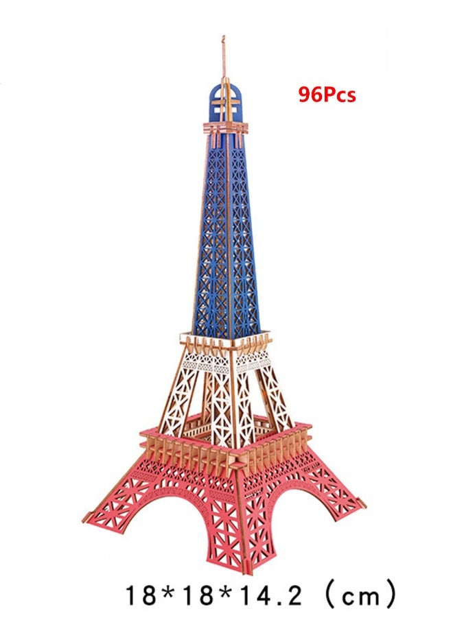 Children's Educational 3D Wooden Model Self-assembly Handmade Puzzle Toy (Three-color Eiffel Tower 96Pcs)