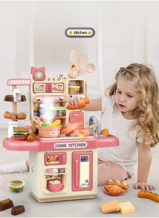 34-Piece Kitchen Pretend Play Toy Set With Spray And Light , Role Play Cookware Indoor DIY Toy Games for Kids,Pink