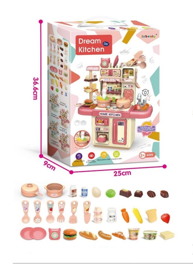 34-Piece Kitchen Pretend Play Toy Set With Spray And Light , Role Play Cookware Indoor DIY Toy Games for Kids,Pink