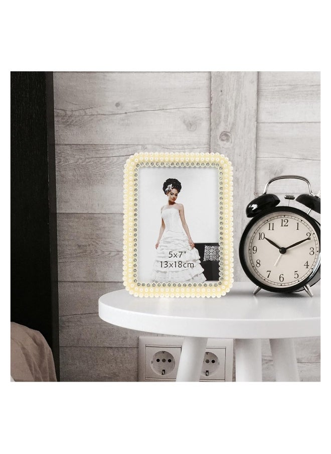 Pearl Photo Frame Shelf Wedding Photo Frame Wedding Anniversary Photo Frame Bedroom Geometric Vintage Frames Al Inch Birthday Graduation Sign Art White Dad Display Resin Picture, 5x7inch