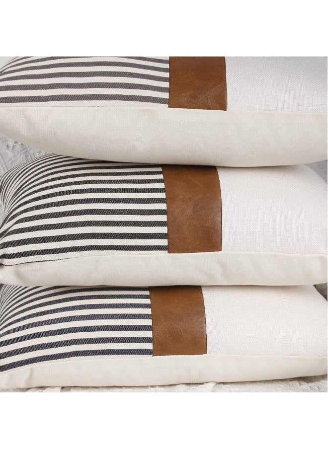 Modern Geometric Decorative Pillow Covers Home Cushion Covers 2 Piece Farmhouse Decorative Stripe Patchwork Linen Pillow Covers, Tan Faux Leather Accent Pillow Covers 18x18 Inch
