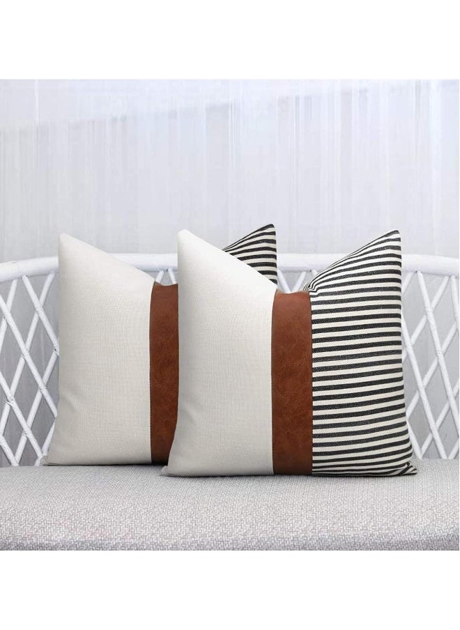 Modern Geometric Decorative Pillow Covers Home Cushion Covers 2 Piece Farmhouse Decorative Stripe Patchwork Linen Pillow Covers, Tan Faux Leather Accent Pillow Covers 18x18 Inch
