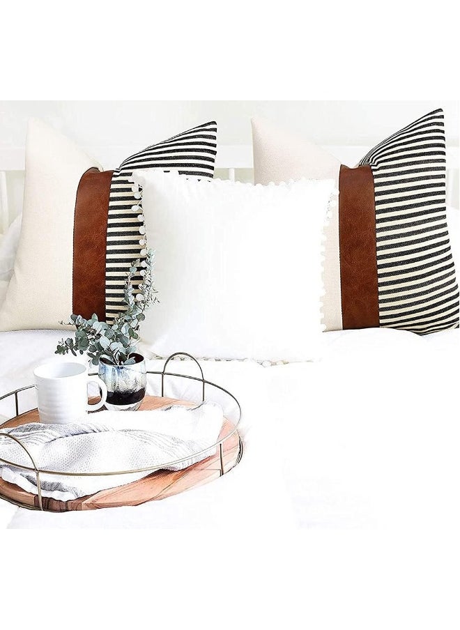 Modern Geometric Decorative Pillow Covers Home Cushion Covers 2 Piece Farmhouse Decorative Stripe Patchwork Linen Pillow Covers, Tan Faux Leather Accent Pillow Covers 18x18 Inch