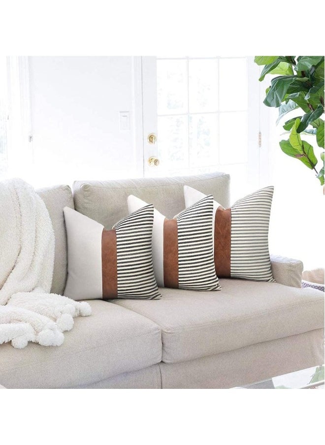 Modern Geometric Decorative Pillow Covers Home Cushion Covers 2 Piece Farmhouse Decorative Stripe Patchwork Linen Pillow Covers, Tan Faux Leather Accent Pillow Covers 18x18 Inch