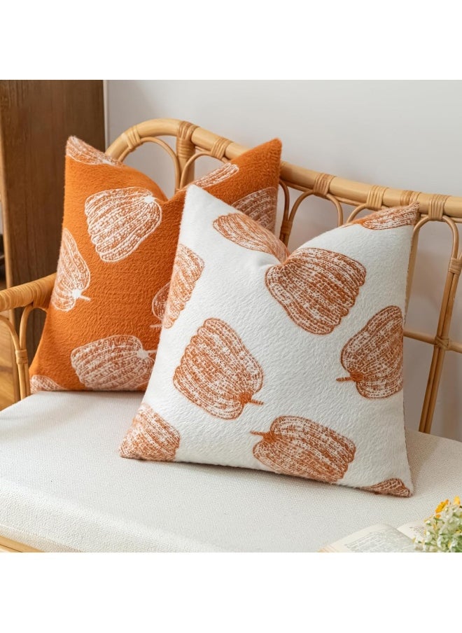 2 Pumpkin Autumn Pillow Covers 18 ‘x18’ Orange Farmhouse Velvet Decorative Pillow for Sofa Luxury Home Decor Faux Fur Pillow Covers