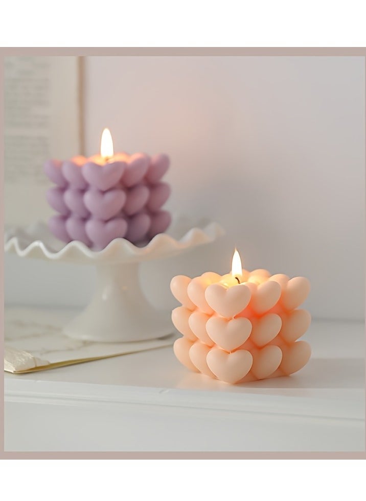 2pcs Candle Gift Set (White+White) – Heart u0026 Magic Cube Handmade Aromatherapy Candles, Perfect for Tanabata, Birthdays, Weddings, Home u0026 Tabletop Decor