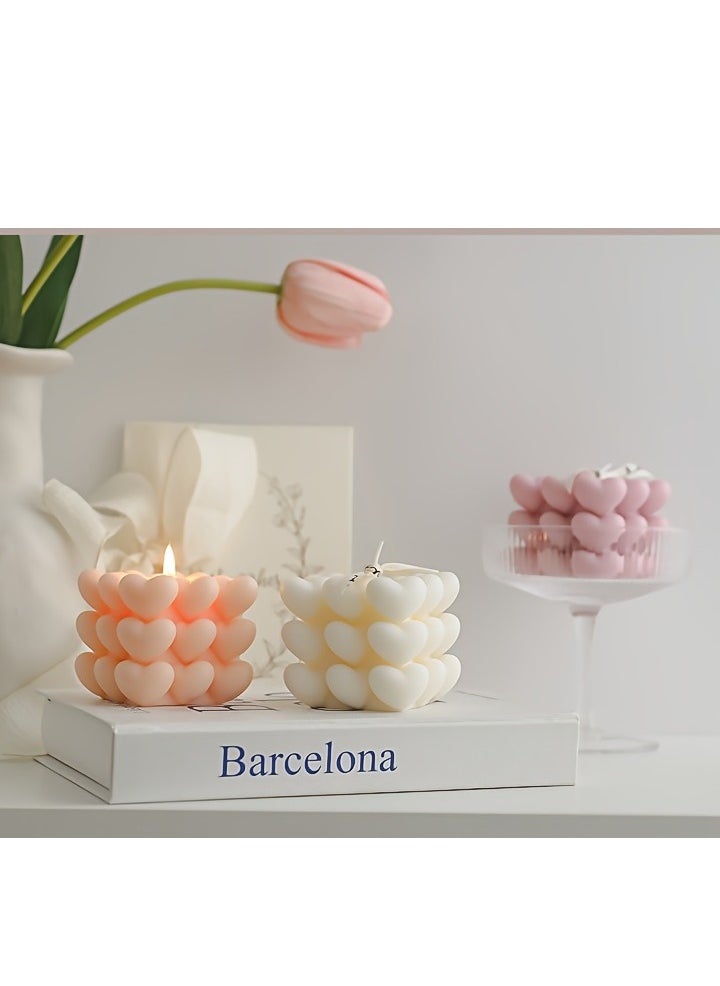 2pcs Candle Gift Set (White+White) – Heart u0026 Magic Cube Handmade Aromatherapy Candles, Perfect for Tanabata, Birthdays, Weddings, Home u0026 Tabletop Decor