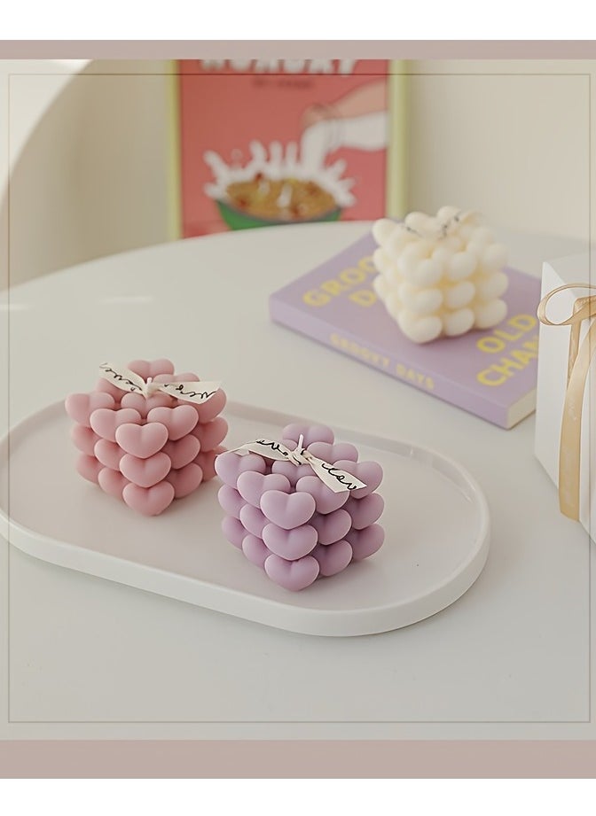 2pcs Candle Gift Set (White+White) – Heart u0026 Magic Cube Handmade Aromatherapy Candles, Perfect for Tanabata, Birthdays, Weddings, Home u0026 Tabletop Decor