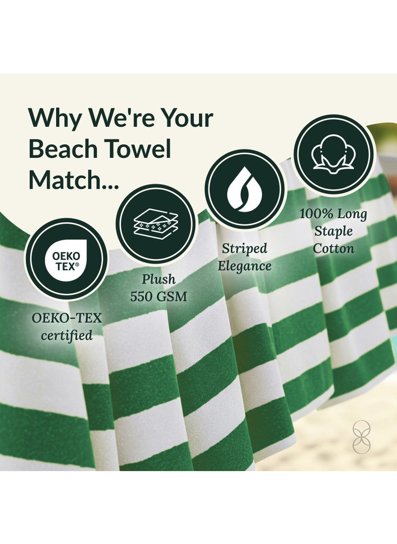 Cabana Stripe Beach Towel Set Pack of 2, Oversized Soft Cotton Towel, Perfect for Beach ,30x60, Green