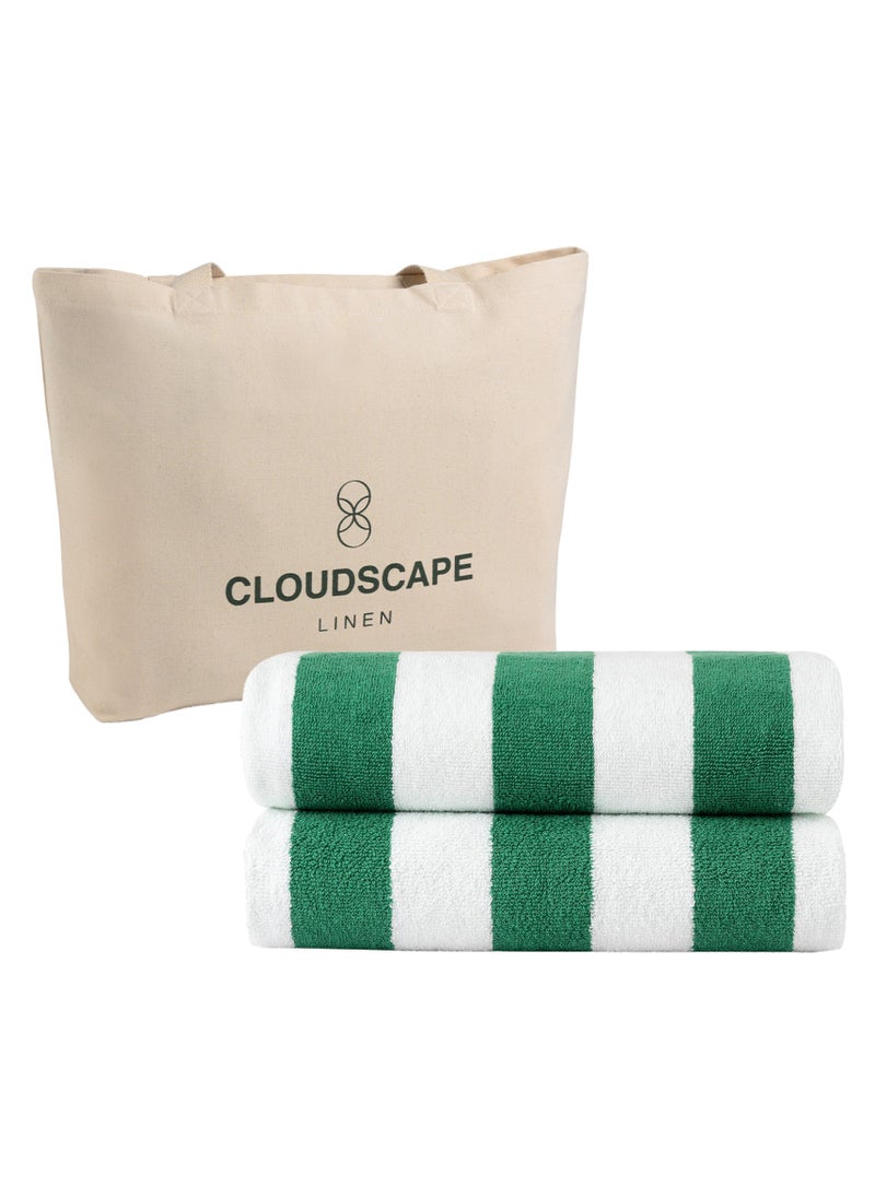Cabana Stripe Beach Towel Set Pack of 2, Oversized Soft Cotton Towel, Perfect for Beach ,30x60, Green