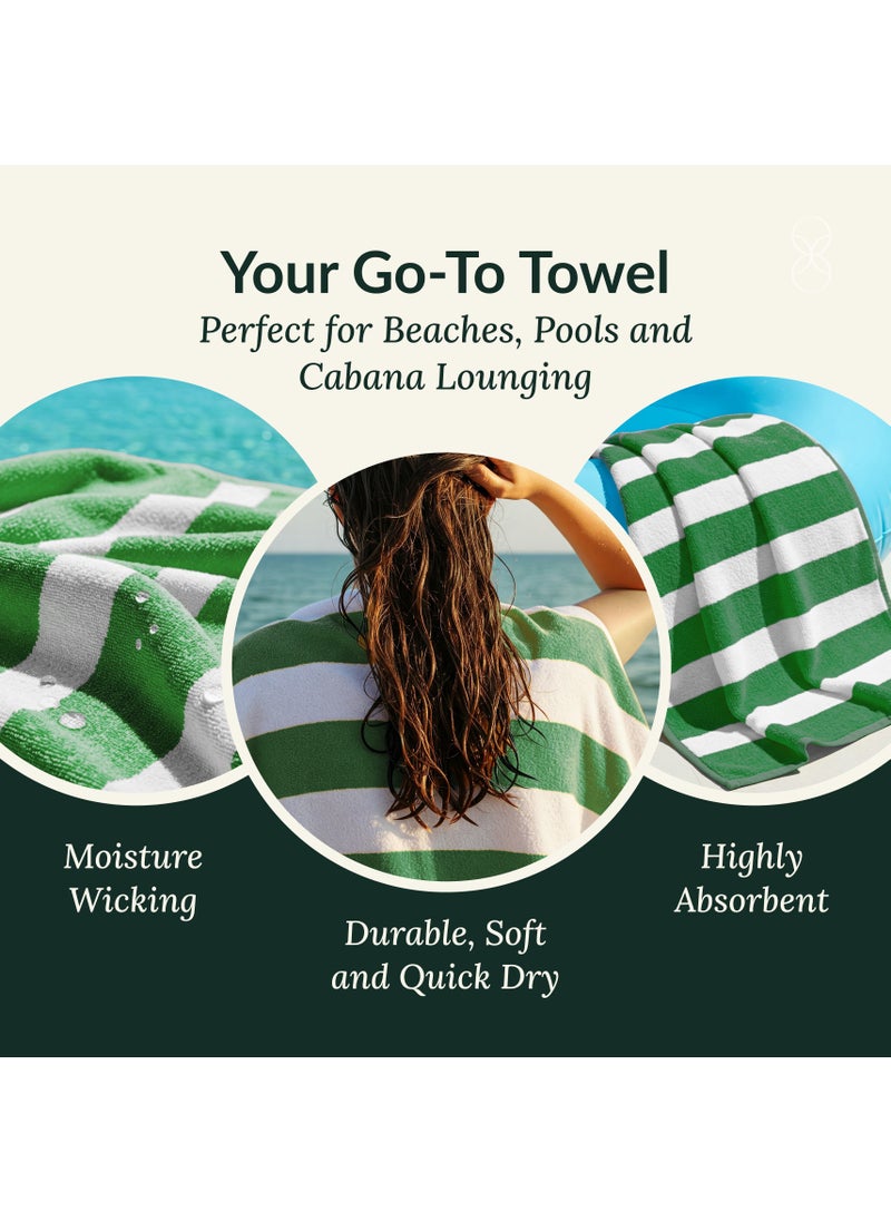 Cabana Stripe Beach Towel Set Pack of 2, Oversized Soft Cotton Towel, Perfect for Beach ,30x60, Green