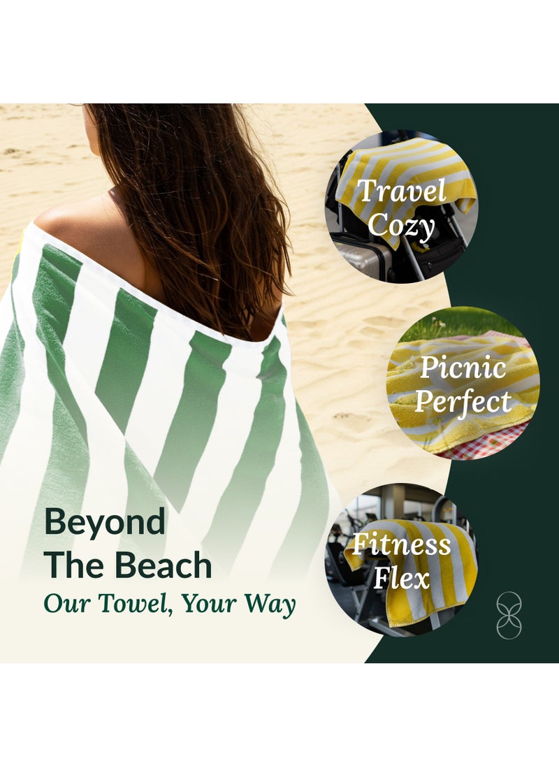 Cabana Stripe Beach Towel Set Pack of 2, Oversized Soft Cotton Towel, Perfect for Beach ,30x60, Green